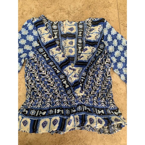 Free People Indigo Rosalie Wrap Top Blue Deep V Boho Ruffle Sleeve Size small - Picture 8 of 12